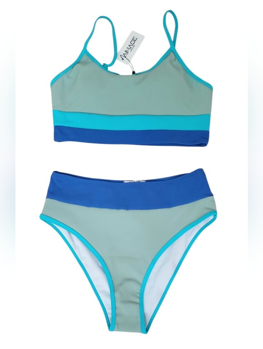 Womens A'IMAGE Two-Piece Bikini Swimsuit - Sage with Blue Trim  SIZE MED NWT